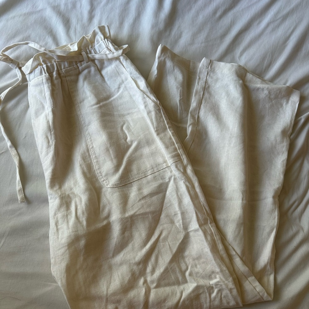 Love Tree Ivory/ Cream Linen-Blend Drawstring Pants